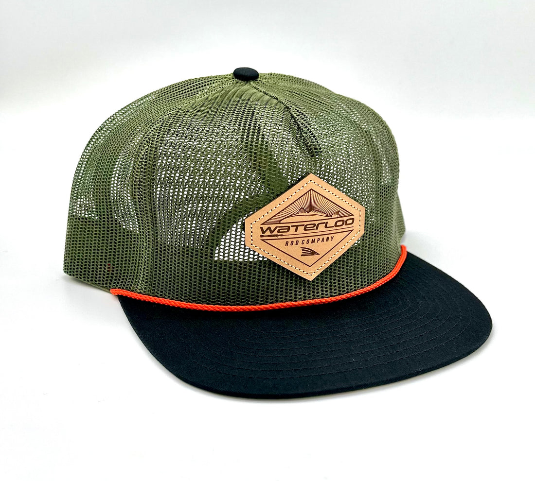 Waterloo Army Green Full Mesh Cap - Leather Patch – Waterloo Rods
